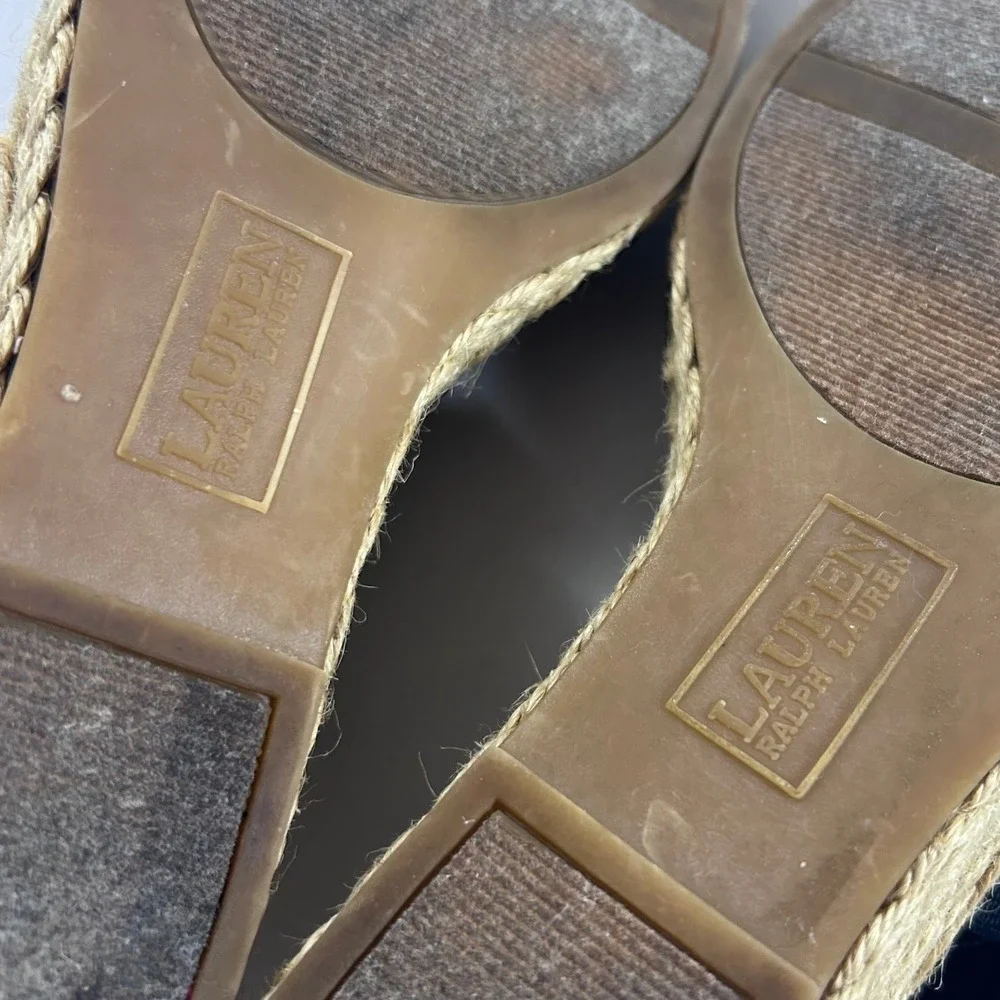 Lauren Ralph Lauren Wedge Sandals Women 8.5 Black Elastic Cross Strap Espadrille